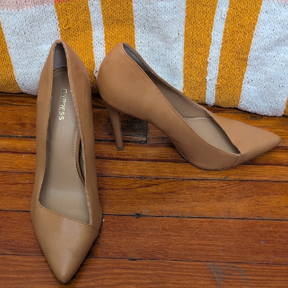 Express Asymmetrical Tan Pointed Toe Heels